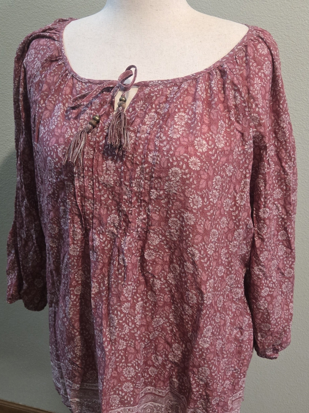 Bohemian Rose-Tone Peasant Blouse with Tassel Tie Ruff Hewn 2X